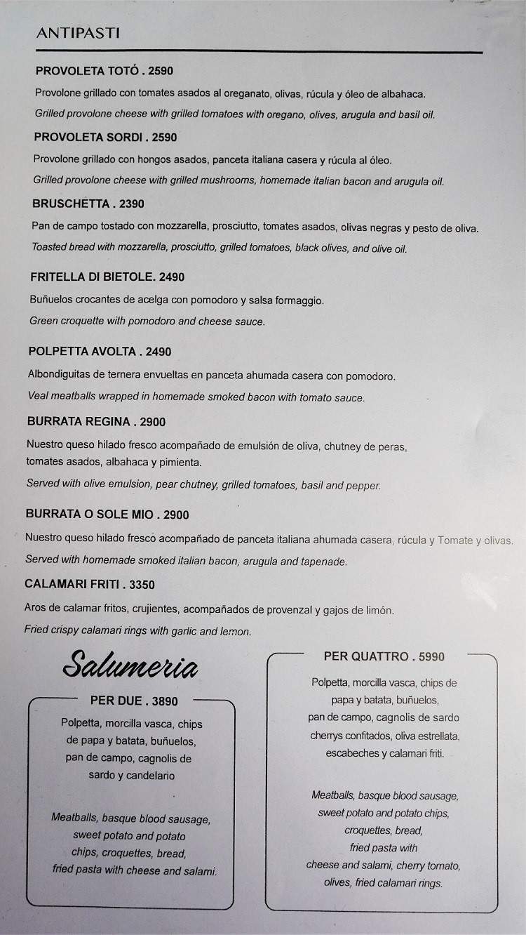 Nápoles – Menu with Prices