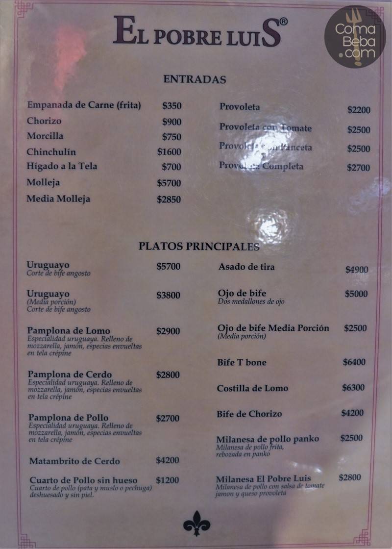 El Pobre Luís Steakhouse Menu with Prices