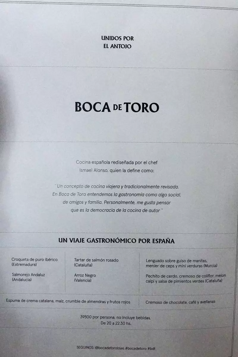 Boca de Toro Menu with Prices