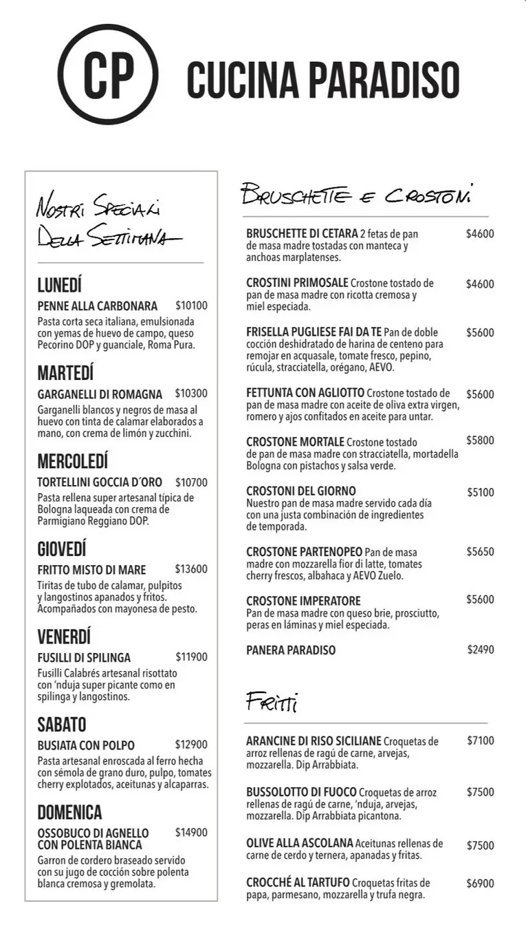 Cucina Paradiso – Menu with Prices- Buenos Aires