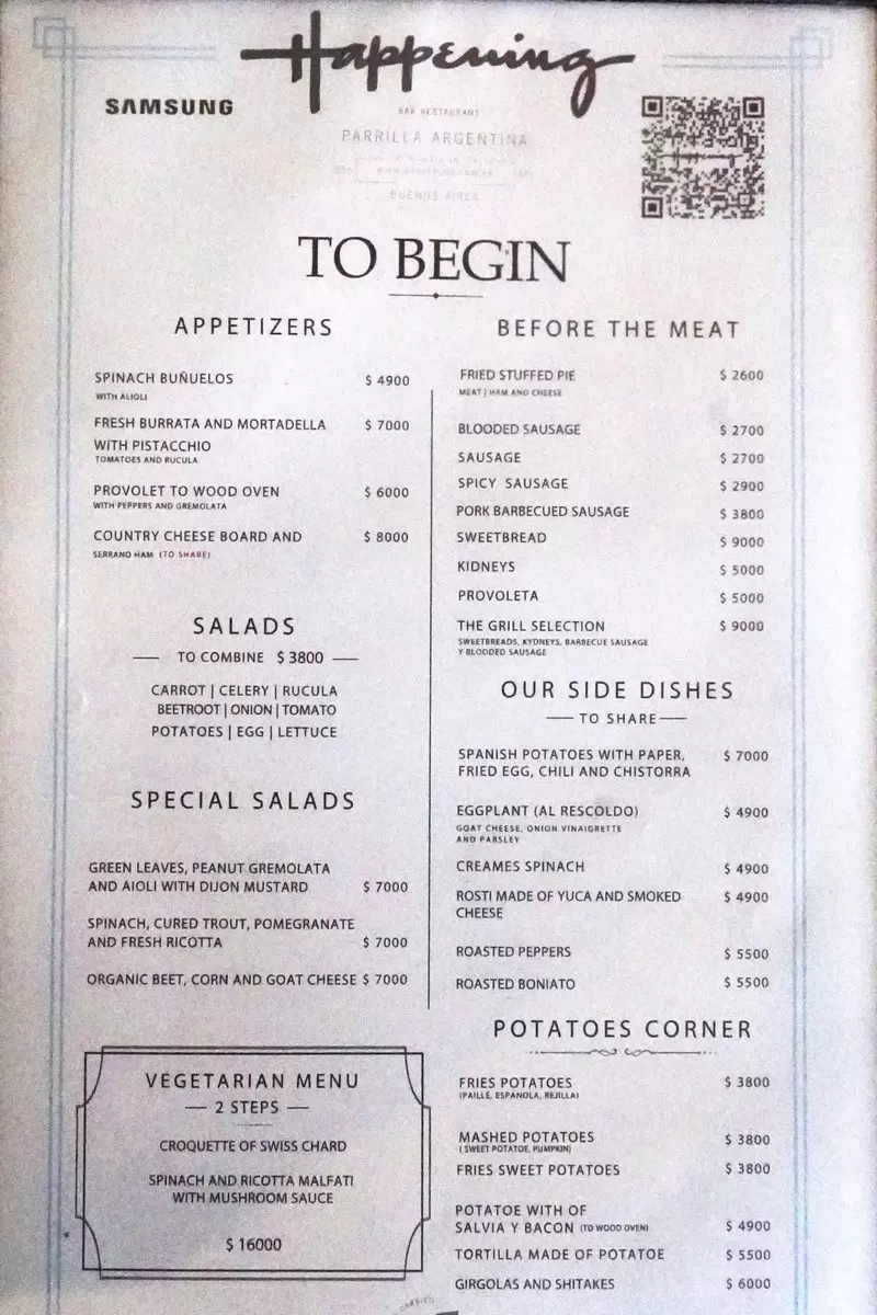 Happening Menu with Prices