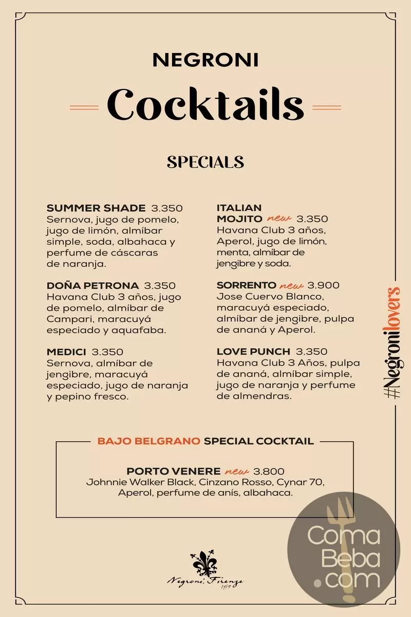 Negroni Belgrano Menu with Prices p10