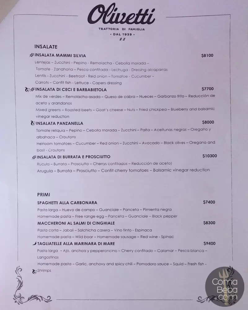 Trattoria Olivetti Menu with Prices p2