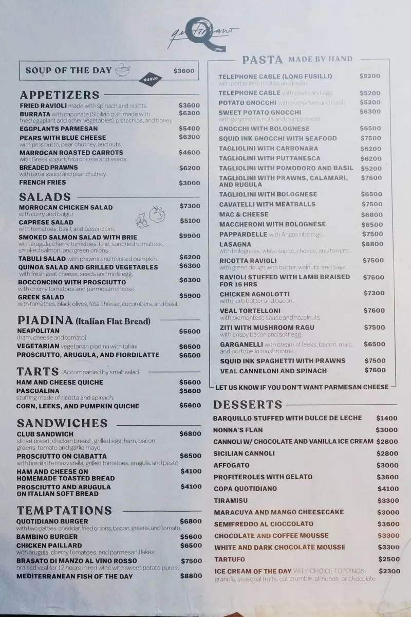 Quotidiano – Menu with Prices p1