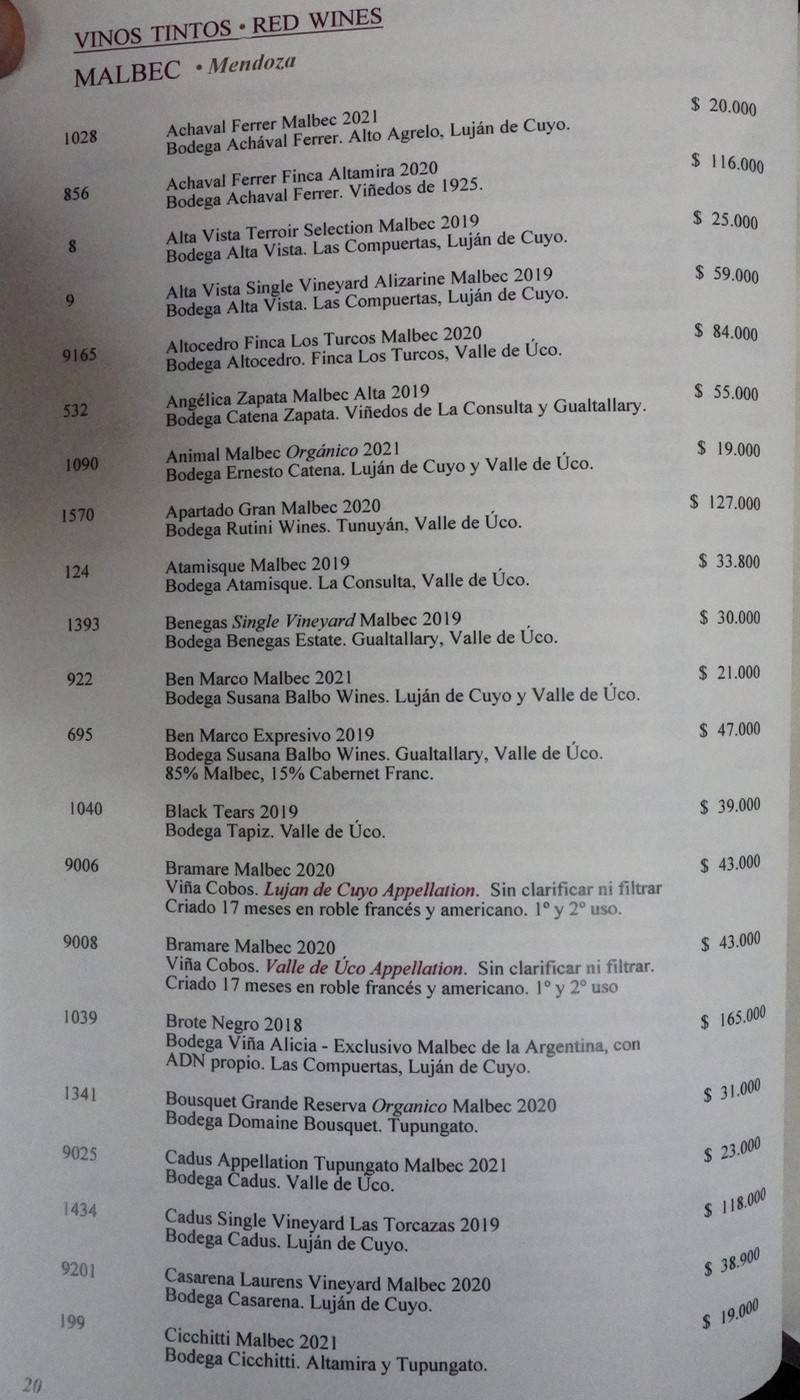 Cabaña las Lilas Wine List