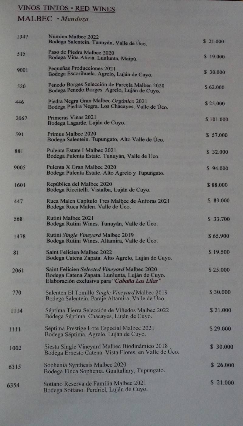 Cabaña las Lilas Wine List p3