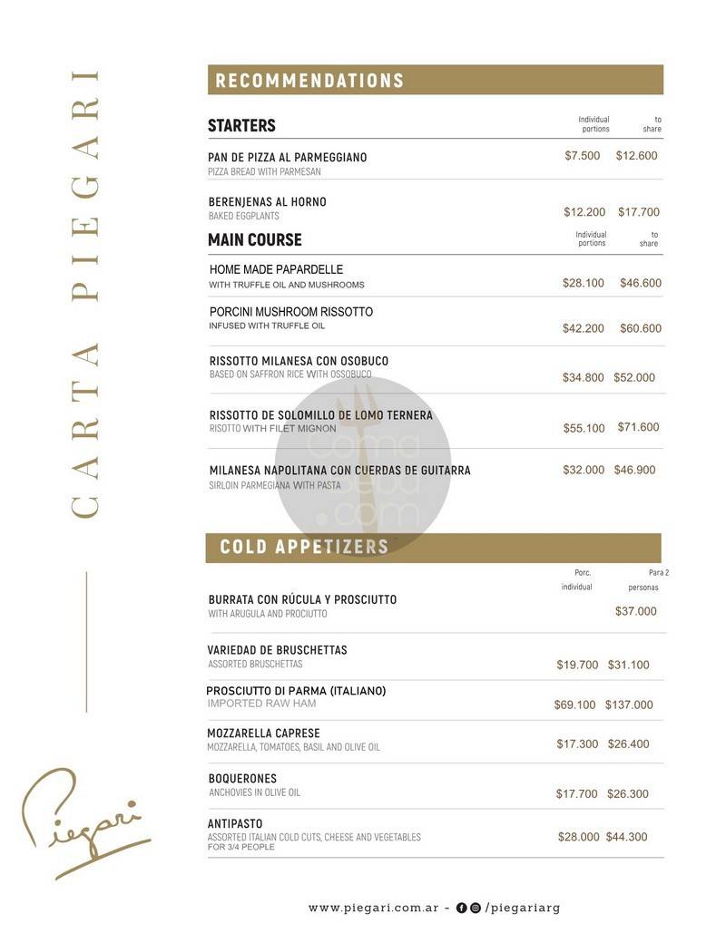 La carta con precios de Piegari p1