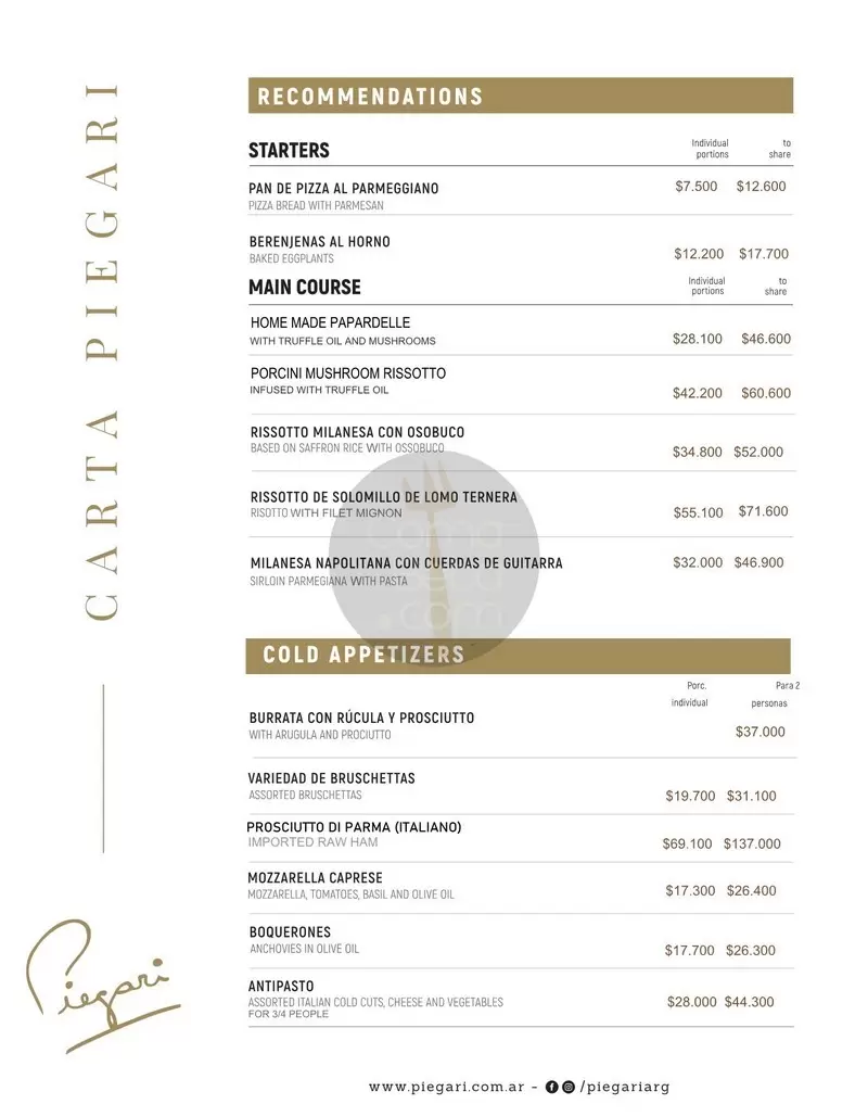 Piegari Menu with Prices