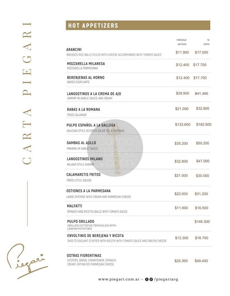 La carta con precios de Piegari p2