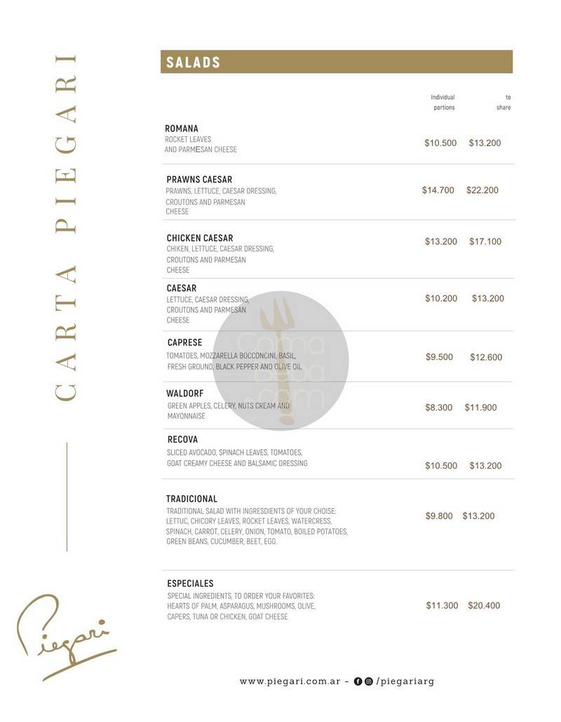 La carta con precios de Piegari p3