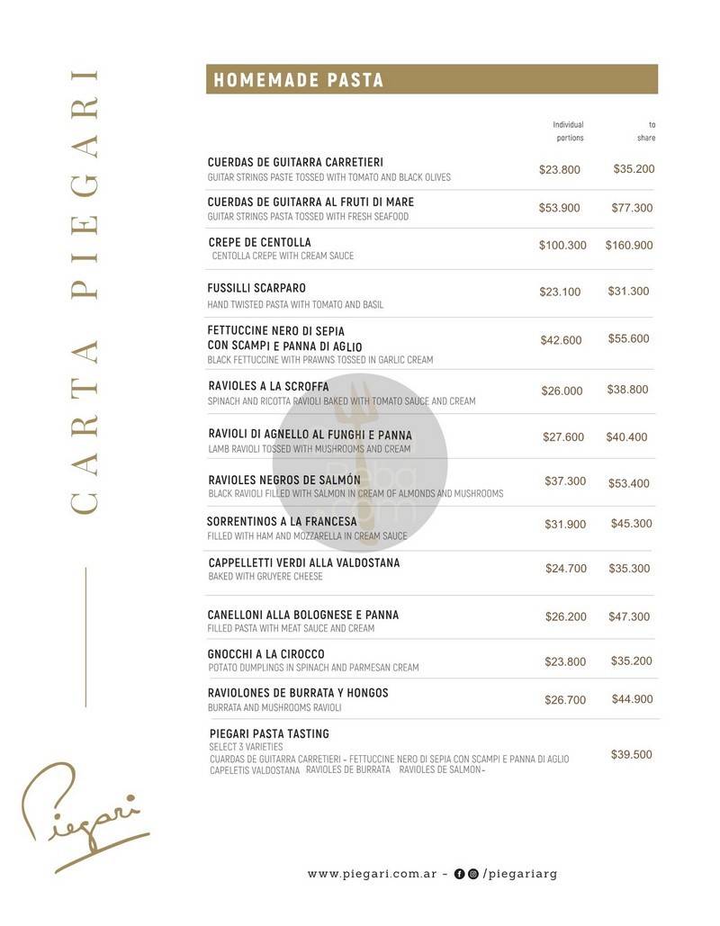 La carta con precios de Piegari p4