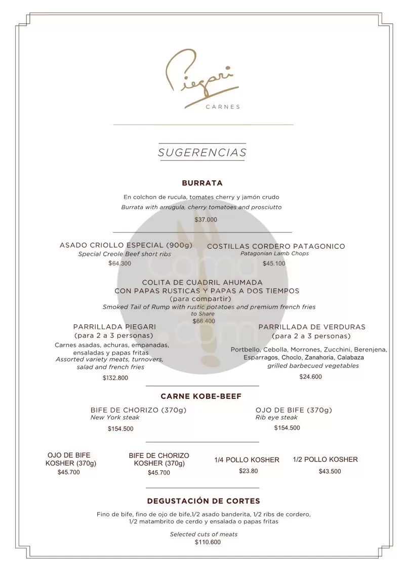 Piegari Carnes Menu with Prices p1