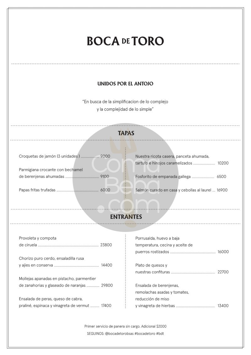 Boca de Toro Carta con Precios