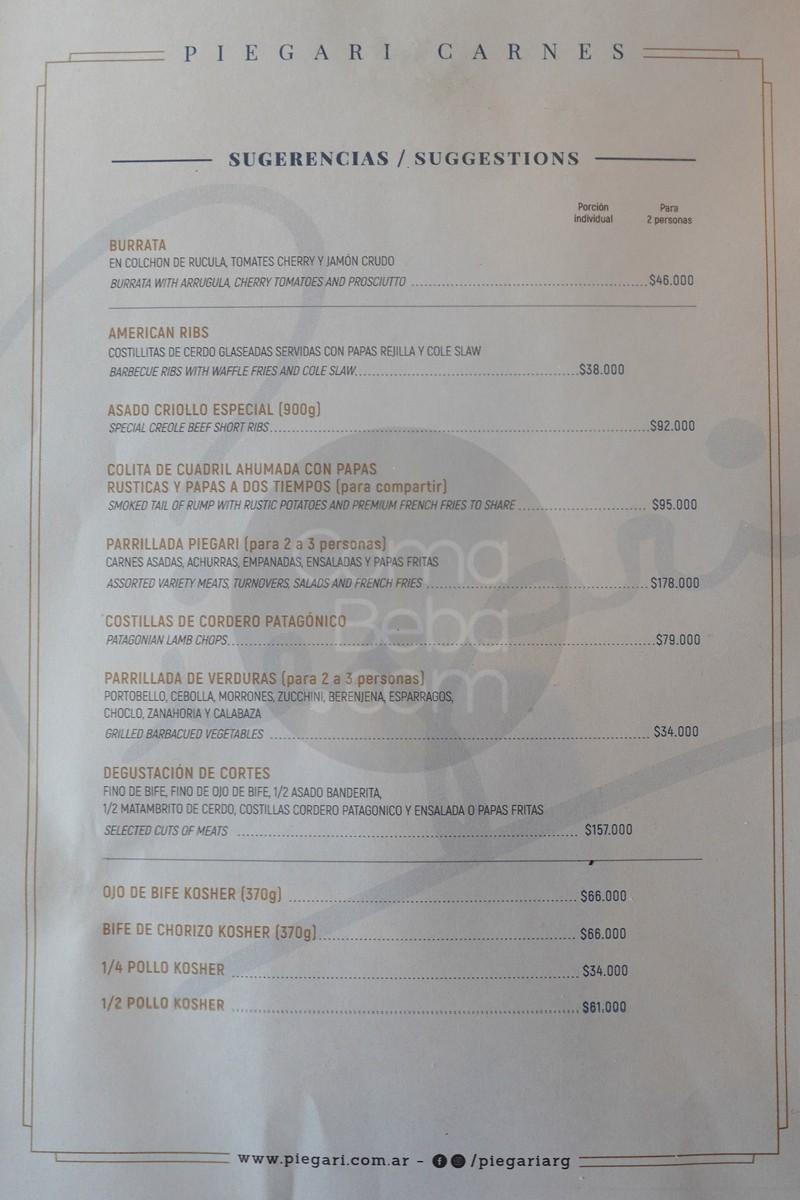 La carta con precios de Piegari Carnes p1