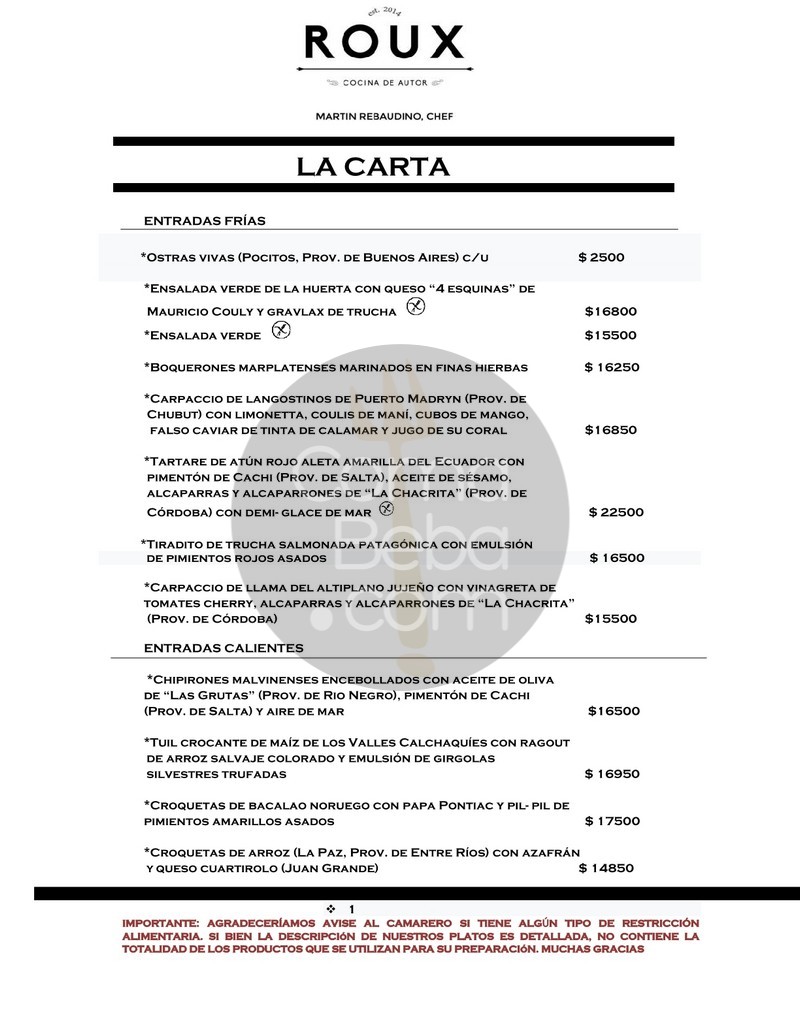 Roux – Carta con Precios