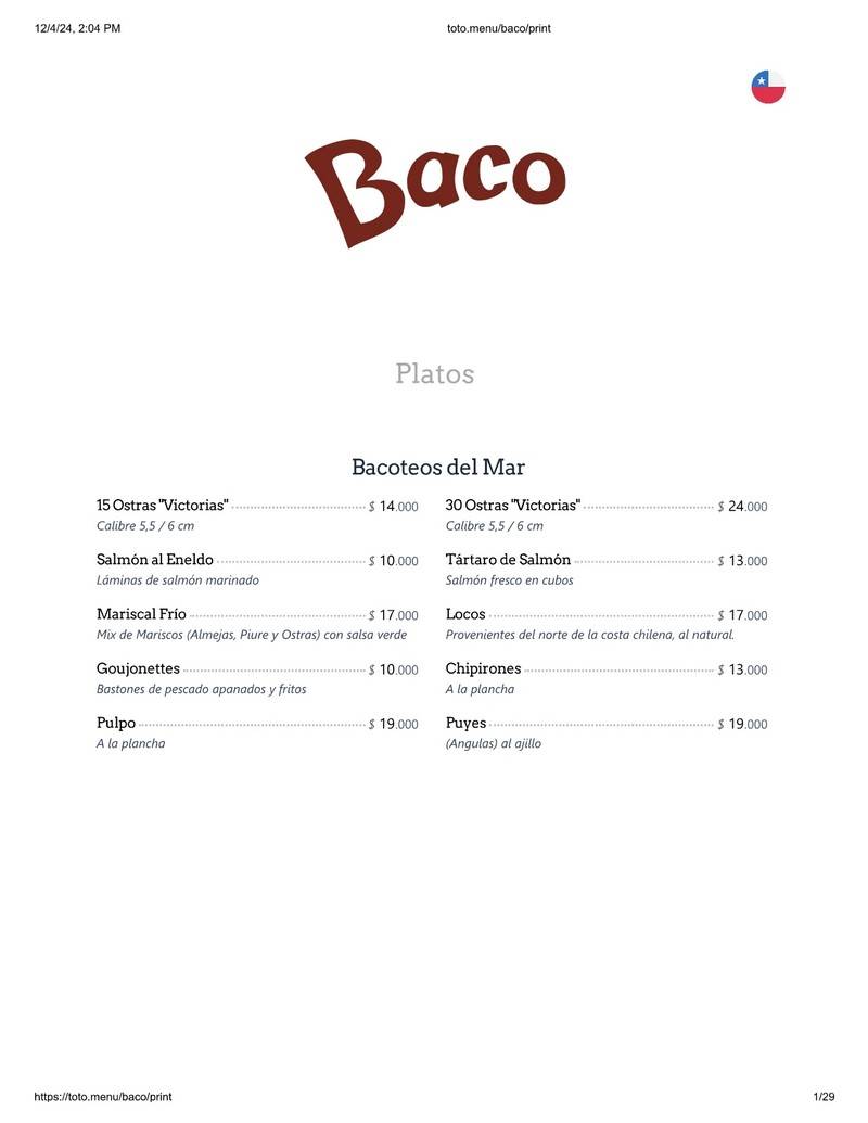 Baco Menu with Prices 2023