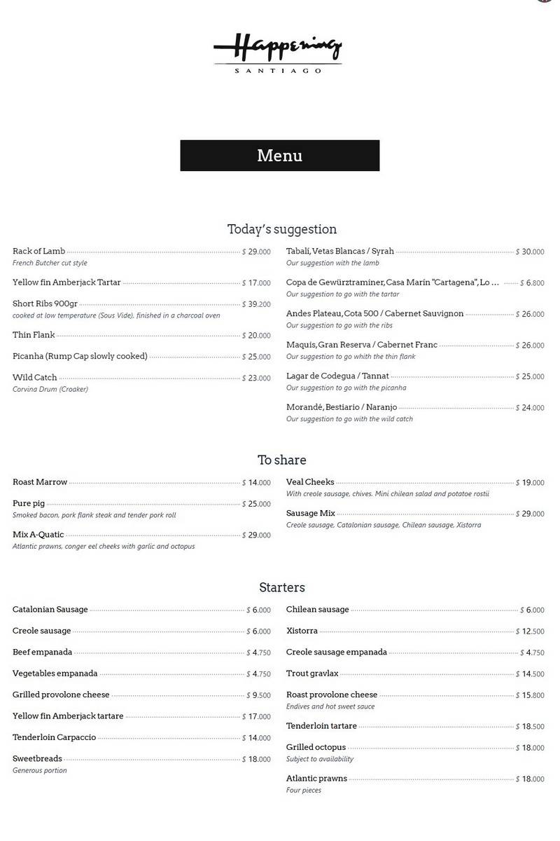 Happening Santiago Menu – December 2024