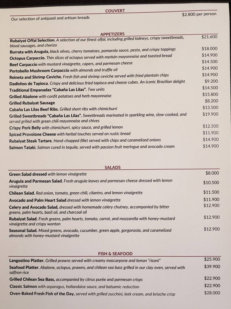 Rubaiyat Steakhouse Santiago Menu December 2024