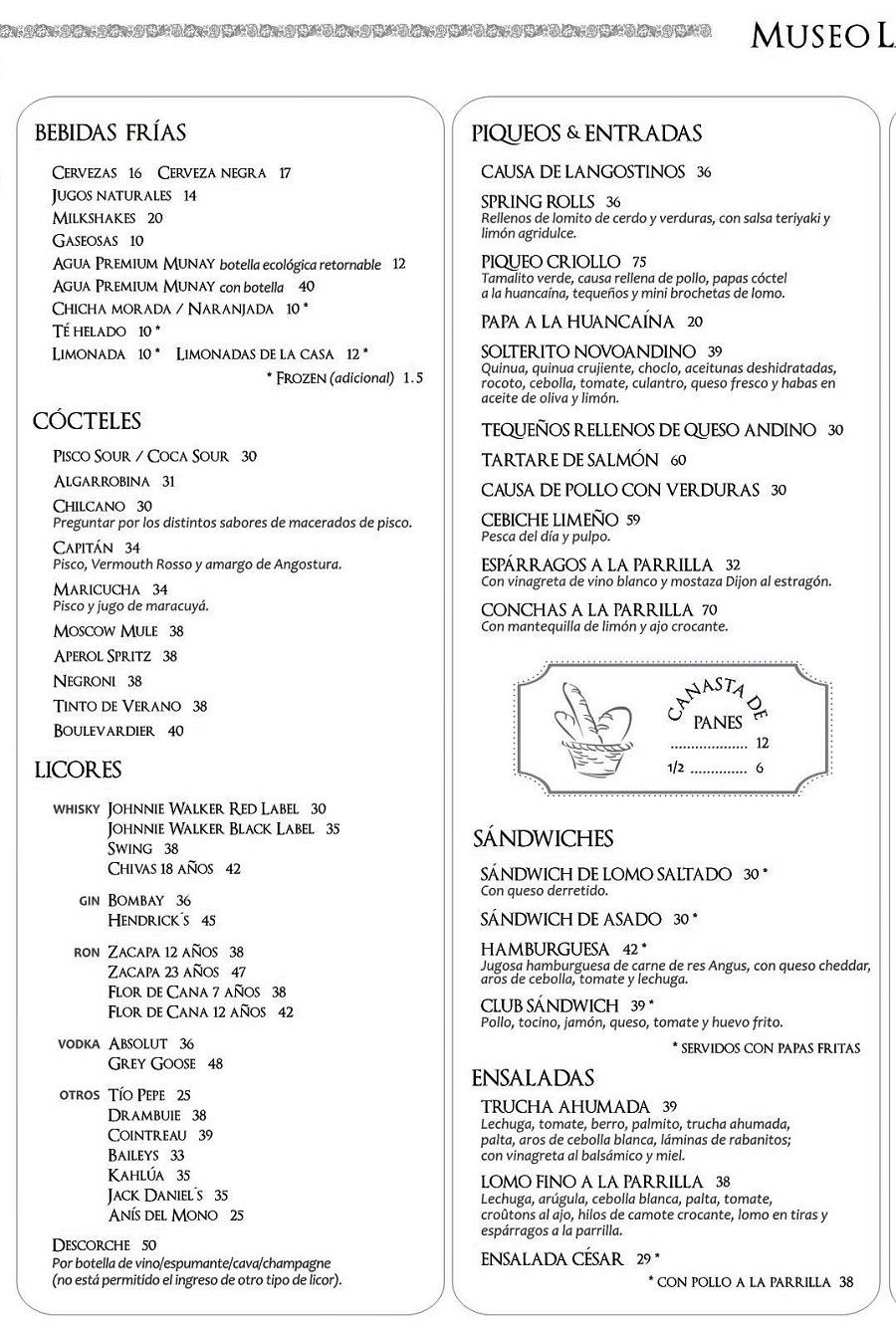 Museo Larco Restaurant Menu with Prices p1