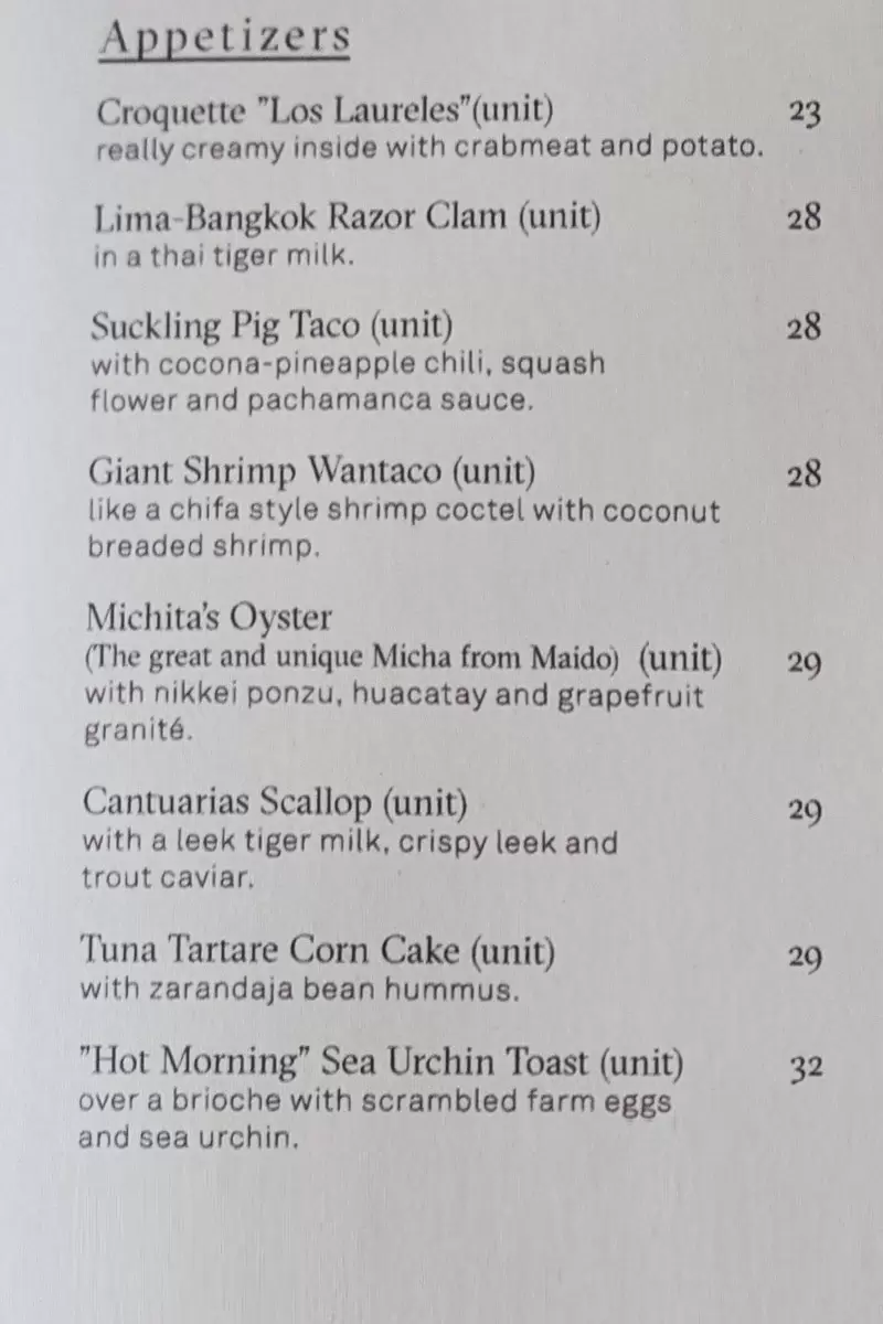 Astrid y Gastón Menu with Prices p1