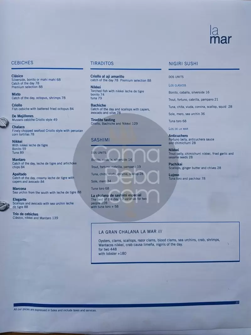 La Mar Lima Peru Menu with Prices p1