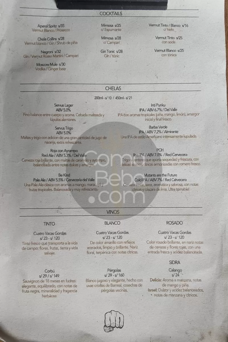 Pan de la Chola Lima Menu p1