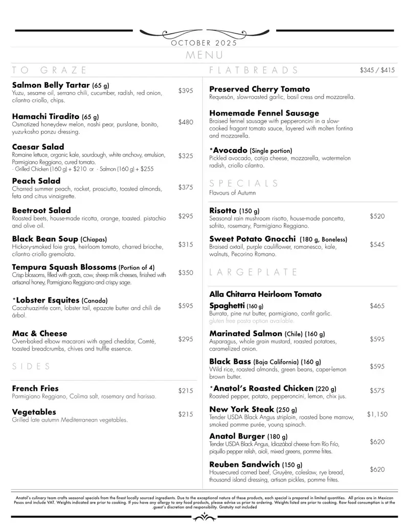 Anatol – Mexico City – Menu with Prices 2025