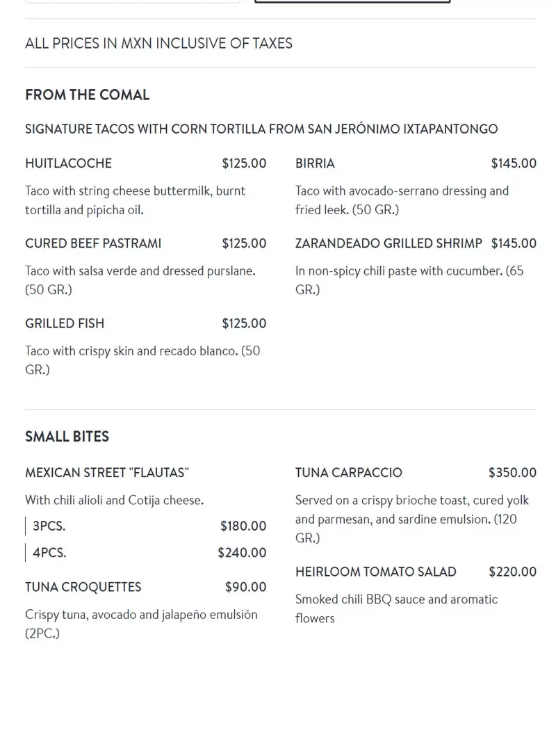 Lorea – Mexico City – Menu with Prices 2025