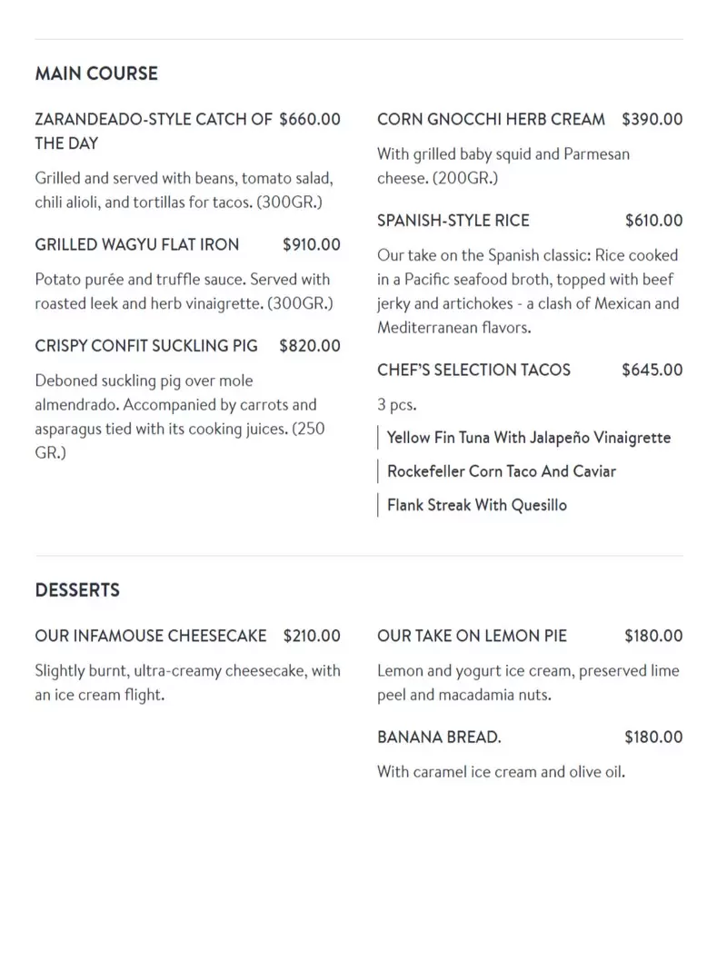 Lorea – Mexico City – Menu with Prices p2