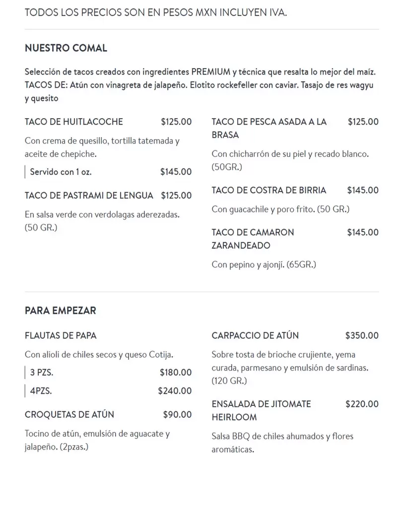 Lorea Ciudad de México Carta con precios